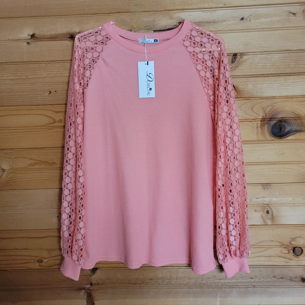NWT Dorose Womens Pink Translucent Circle Lace Long Sleeve Blouse, Size: L
